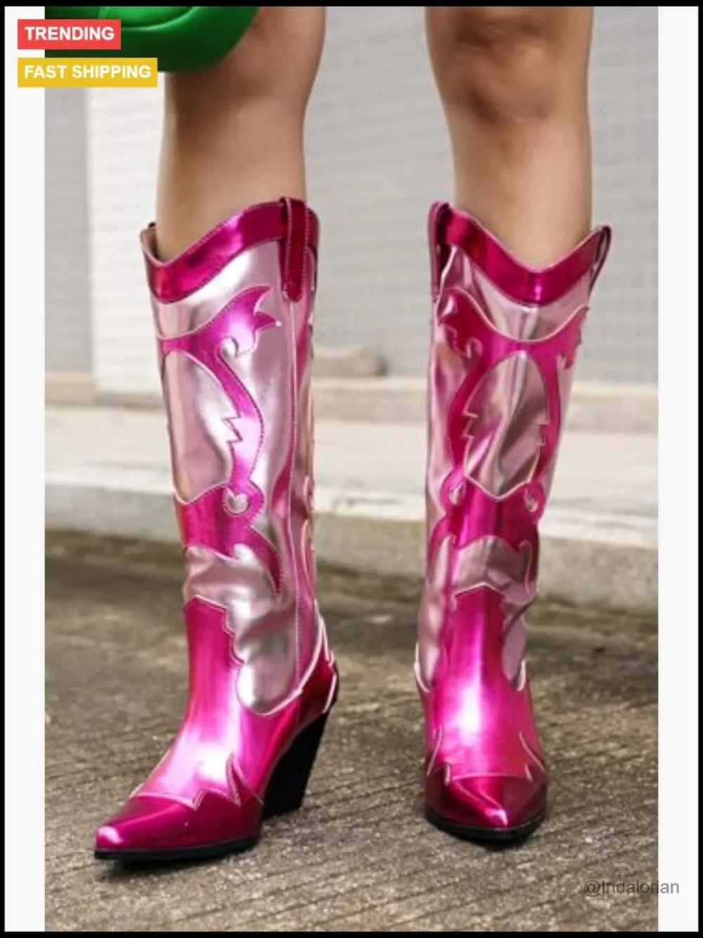 Metallic Colorblock Cowboy Boots - Faux Leather Mid Calf 3in Heel Pointed Toe - Picture 2 of 7